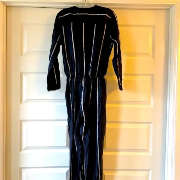 NWT MAJE PANTI Jumpsuit Navy w Silver Metallic Pinstripes LS SZ 4 MSRP $379